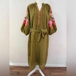 THML Olive Green Striped Floral Embroidered Midi Dress Belted Ballon Sleeve S
